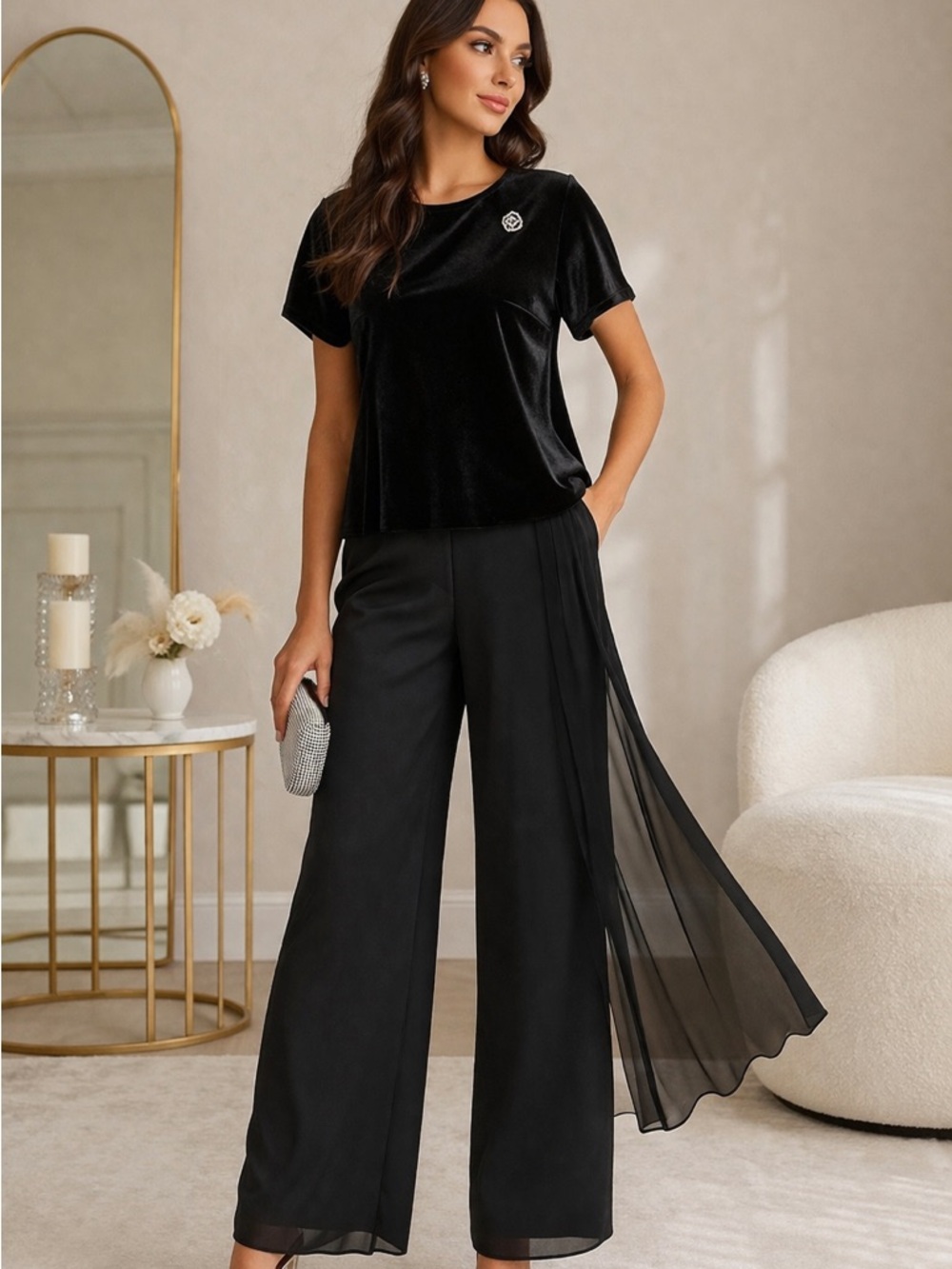 Black Velvet 2-Piece Pant Suit. Elegant Formal Evening Set Rhinestone Accent - Picture 2 of 6